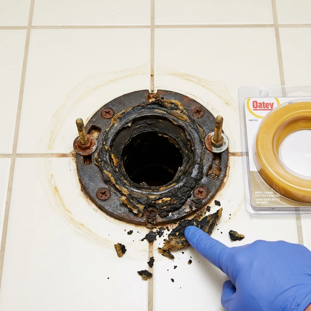 Failed wax ring showing water seepage at the base of a toilet in a Clinton, IL home