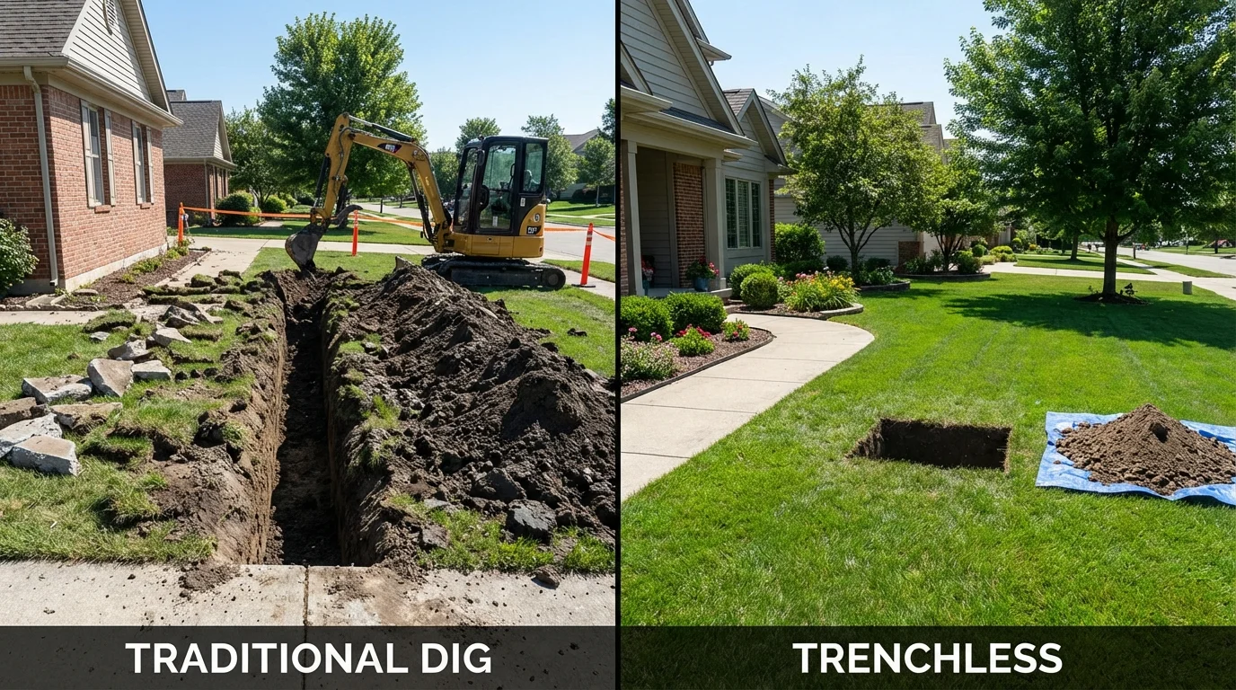 Trenchless sewer repair with minimal yard damage versus traditional excavation in Clinton, IL