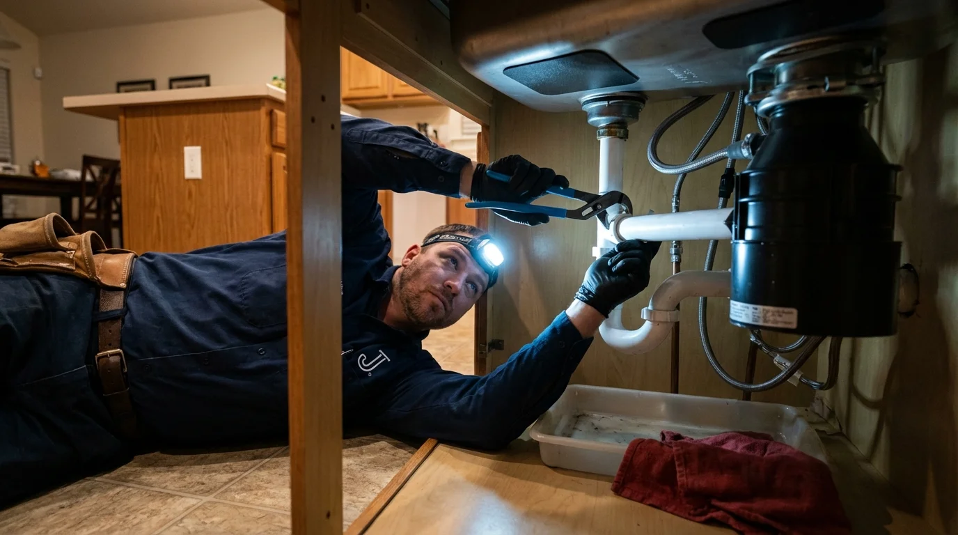 P-trap and supply line connections under a kitchen sink showing a common leak point in Clinton, IL